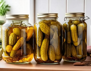 freshly canned pickles in clear glass jars on kitchen countertop AI