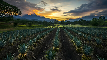 A vibrant pineapple field at sunset with mountains in the background. AI Image