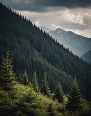 Fototapeta premium Majestic mountains tower over a serene spruce forest beneath a dramatic sky, showcasing nature beauty at dusk. Towering mountains with rolling hills and moody sky highlighting peaceful wilderness. AI