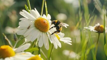 Close-up of a daisy with a bee collecting pollen, highlighting nature and life