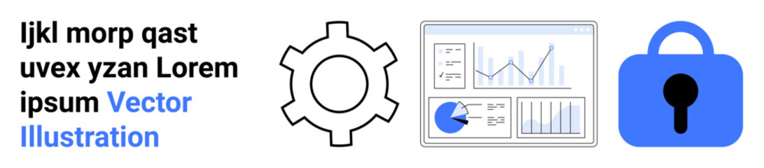 Gear icon for settings, graph and chart analytics dashboard for data insights, blue padlock for security. Ideal for tech, IT, cybersecurity, data analysis, software settings, online security, app