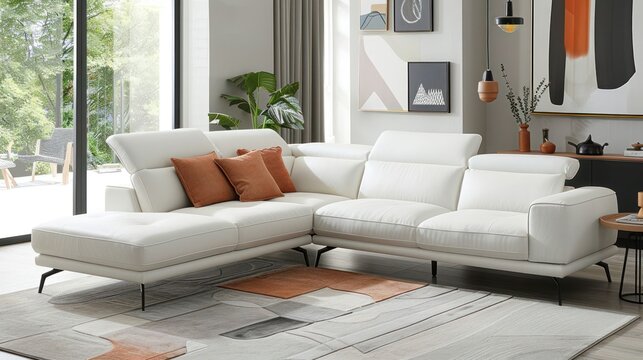 Modern white leather sectional sofa with orange pillows in a living room with a large window and a rug.