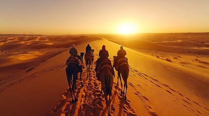 Obraz premium Camel Caravan at Sunset in a Desert Landscape