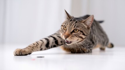 Curious Bengal cat looking up with alert expression and striped fur
