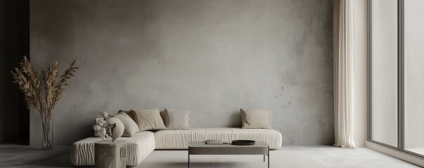 Living area in dark gray and beige tones. A minimalist design with a blank microcement wall, accented by beige and ivory furnishings. 3D render