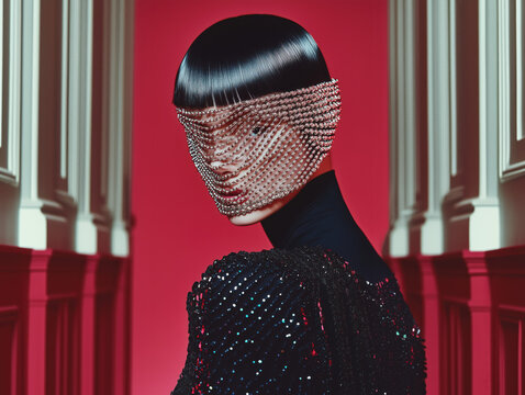 editorial photography of sleek edgy metallic crocheted helmet, face mask on female supermodel, futuristic fashion runway of shiny diamond jewelry design of unique face mask, head piece, hat, hoodie