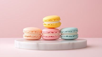 Delightful macarons in pastel colors stacked on marble pedestal against soft pink background, creating charming and inviting dessert display
