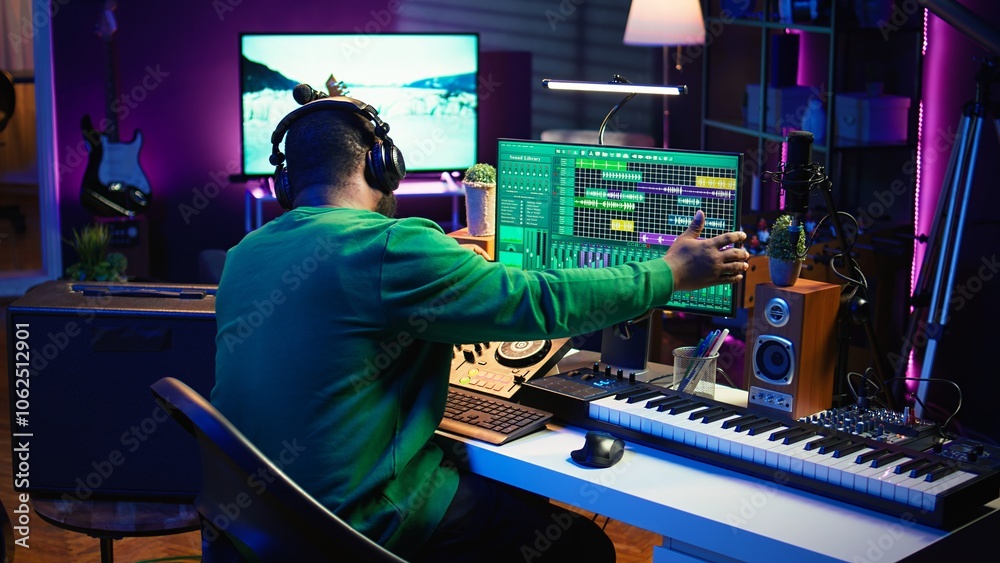 Aufkleber Skilled audio technician editing recorded tracks from an usb stick, using raw files to apply mix and master techniques. Artist producing music, adjusting volume levels on digital software. Camera B.