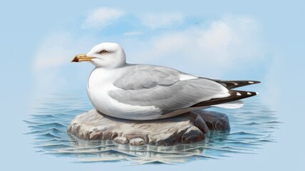 Obraz premium White Seagull Perched on Rock Over Water Background