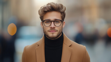 Fototapeta premium stylish young man with glasses and fashionable coat stands confidently in bustling urban environment, exuding charm and sophistication.