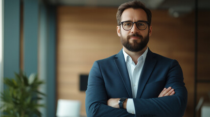 Fototapeta premium confident man in suit stands with arms crossed in modern office setting, exuding professionalism and determination.