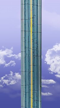 A surreal highway stretches across the sky, with a view down onto a