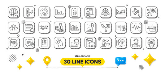 Financial diagram, Electricity power and Court jury line icons pack. 3d design elements. Chemistry pipette, Idea, Interview web icon. Strategy, Histogram, Help pictogram. Vector