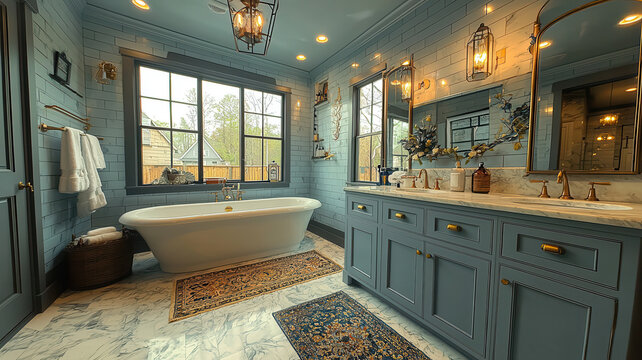 Luxurious bathroom with marble countertops, brass fixtures, and standalone tub. serene blue walls and elegant decor create calming atmosphere