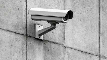 Digital security camera mounted on concrete wall, providing surveillance and monitoring. This device enhances safety and security in various environments
