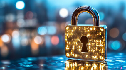 shiny padlock symbolizes digital security and protection of sensitive information. blurred...