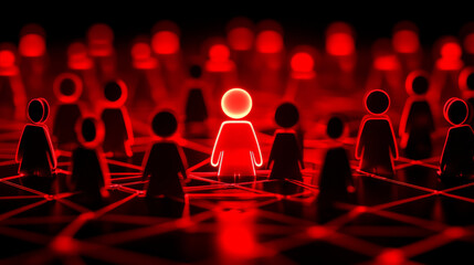 Red network security concept with glowing figures representing team conducting red team exercise, highlighting cybersecurity awareness and teamwork