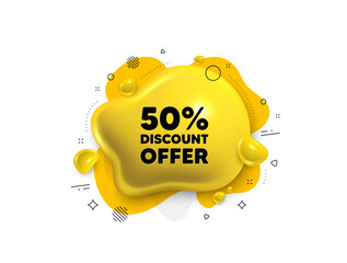 Abstract liquid 3d shape. 50 percent discount tag. Sale offer price sign. Special offer symbol. Discount message. Fluid speech bubble banner. Yellow text liquid shape. Vector