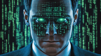 digital representation of man with glowing green eyes and data pattern overlay, symbolizing advanced technology and analysis. background features binary code, enhancing tech theme