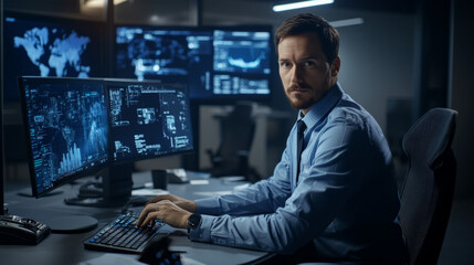 professional man working in modern office, focused on multiple screens displaying data and analytics. atmosphere is high tech and serious, reflecting cybersecurity environment