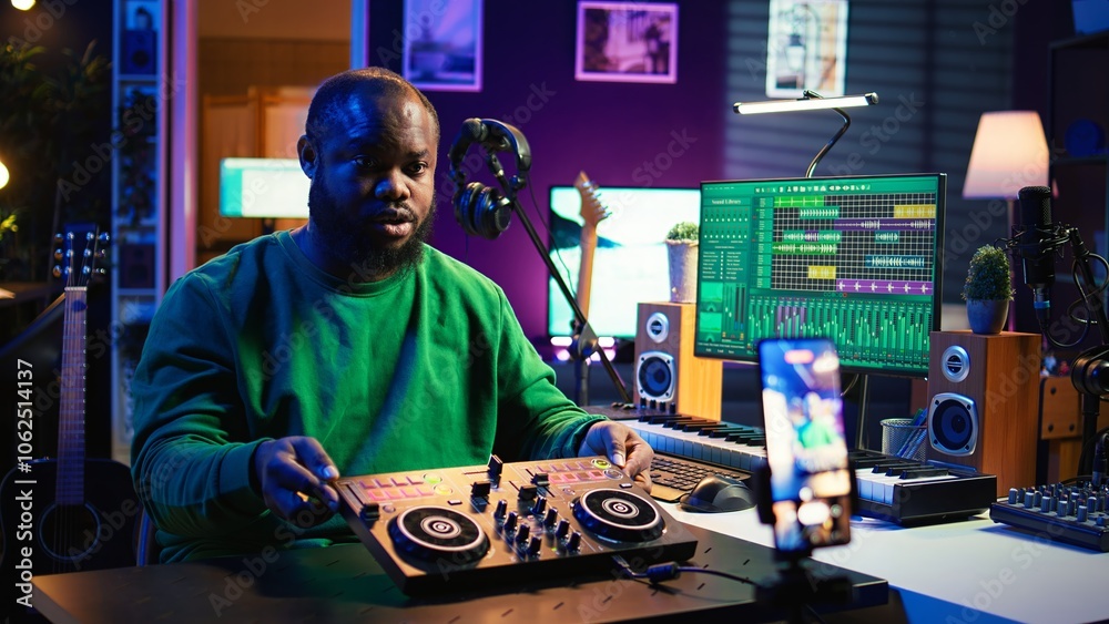 Aufkleber Skilled audio engineer teaching online mixing tunes lessons by using smartphone on tripod to record himself in home studio. Producer hosting a master class with soundboard console gear. Camera B.
