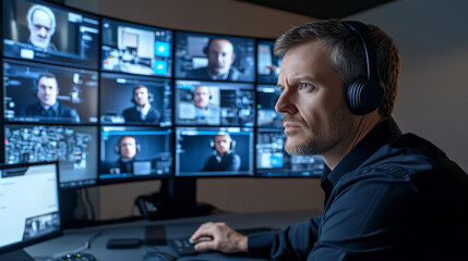 Security professional monitoring multiple screens for suspicious behavior, focused and alert in high tech environment, ensuring safety and surveillance