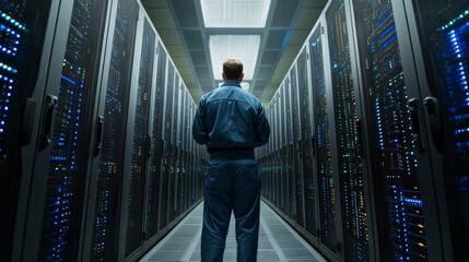 Data center technician monitoring server racks, ensuring secure access and optimal performance in high tech environment. atmosphere is focused and professional