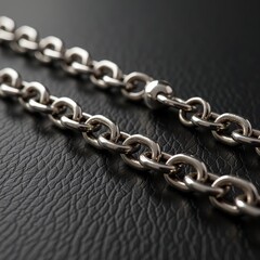 Obraz premium Shiny silver chain on black leather - perfect for jewelry blogs, fashion websites, accessory design inspiration, or strength and connection metaphor presentations