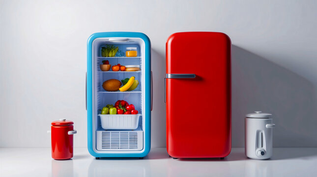 Open Blue and Red Refrigerators with Fresh Produce