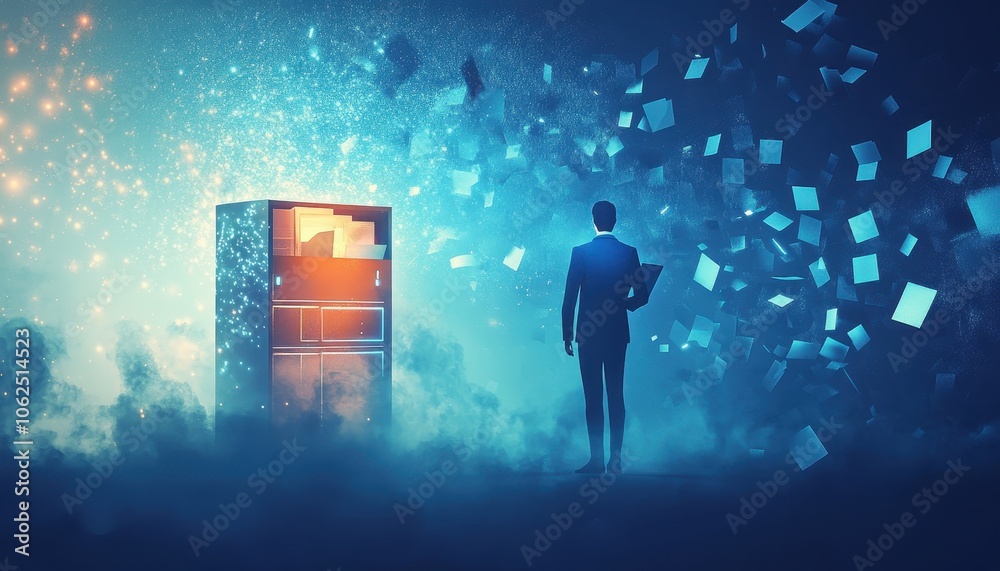 Poster A Man in a Suit Stands Before a Data Center as Digital Data Emerges