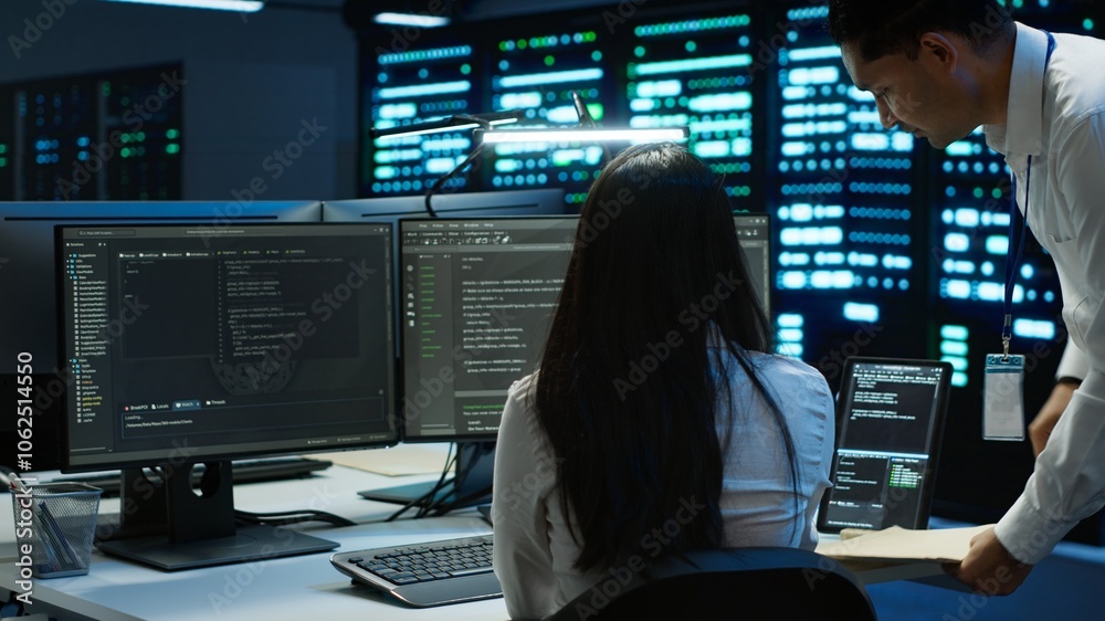 Poster team of programmers in data center responsible for installation and repair of networking equipment s