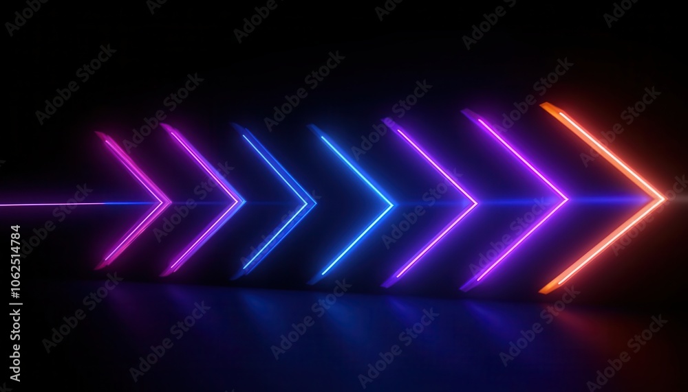 Aufkleber a series of neon arrows pointing to the right in a dark environment