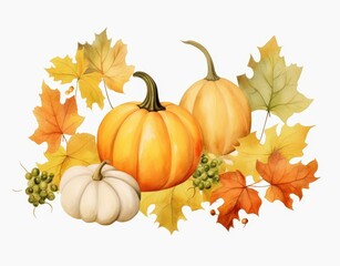 Watercolor Illustration of Pumpkins and Autumn Leaves