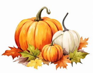 Watercolor illustration of three pumpkins and autumn leaves