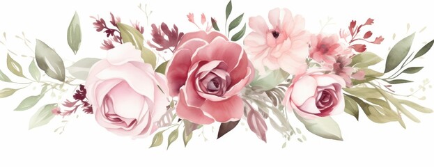 Watercolor Floral Arrangement with Pink and Red Roses and Green Leaves