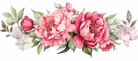 Watercolor Painting of Pink Peonies and White Flowers with Green Leaves