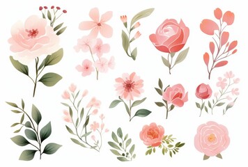 Watercolor Illustration of Delicate Pink and Red Flowers and Green Foliage