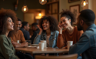 A group of friends laughing and enjoying themselves in a cozy coffee shop, warm lighting, casual and candid atmosphere, various ethnic backgrounds, modern casual clothing