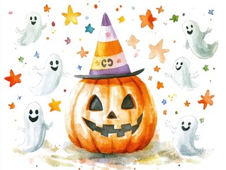 A Watercolor Illustration of a Jack-O-Lantern and Ghosts Surrounded by Stars