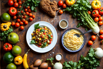 food flat lay featuring a colorful assortment of fresh ingredients and dishes arranged artfully on a rustic wooden table. The scene includes a variety of fruits, vegetables, and herbs.