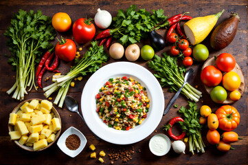 food flat lay featuring a colorful assortment of fresh ingredients and dishes arranged artfully on a rustic wooden table. The scene includes a variety of fruits, vegetables, and herbs.