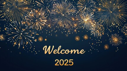 Fireworks with Welcome 2025 gold on dark background
