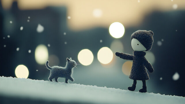 Magical moments: girl and cat in the snow.