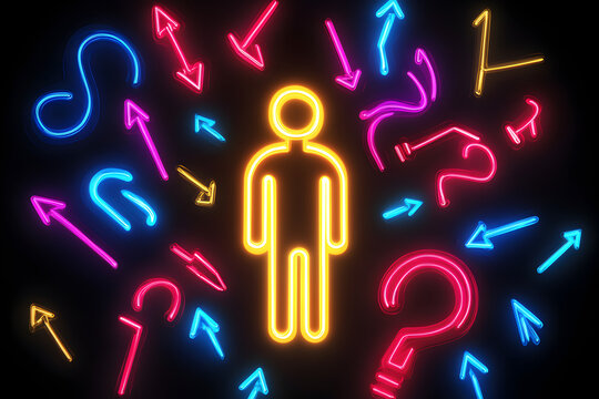A dynamic neon outline of a figure enveloped by glowing neon symbols on a dark backdrop --ar 3:2 --s 50 