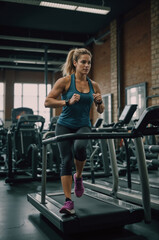 Fototapeta premium Female Athlete Running on a Treadmill in Modern Gym Interior