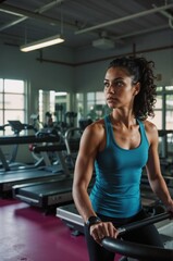 Fototapeta premium Focused Woman Exercising on Treadmill in Modern Gym