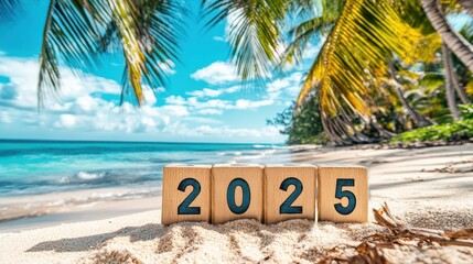 Wooden cubes with "2025" numbers on a tropical beach