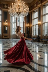 Elegant Woman in Flowing Red Dress Twirling in Luxurious Ballroom with Crystal Chandelier