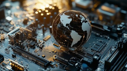 Globe Positioned on a Circuit Board Representing Global Technology. The image reflects innovation, modernity, and the integration of technology in our world.