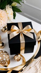 Elegant Black Box Decorated with a Shiny Gold Ribbon